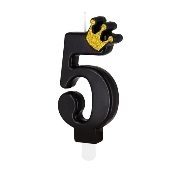 Jubilejas svecīte "5" melna ar zelta krāsas kroni. 